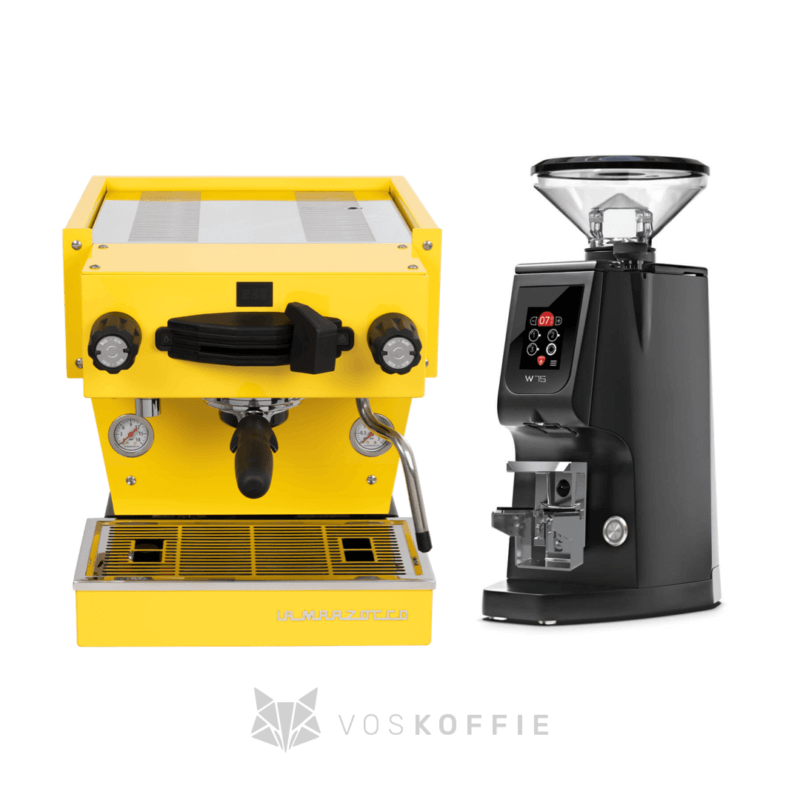 La Marzocco Linea mini R geel + Eureka Atom W75 zwart